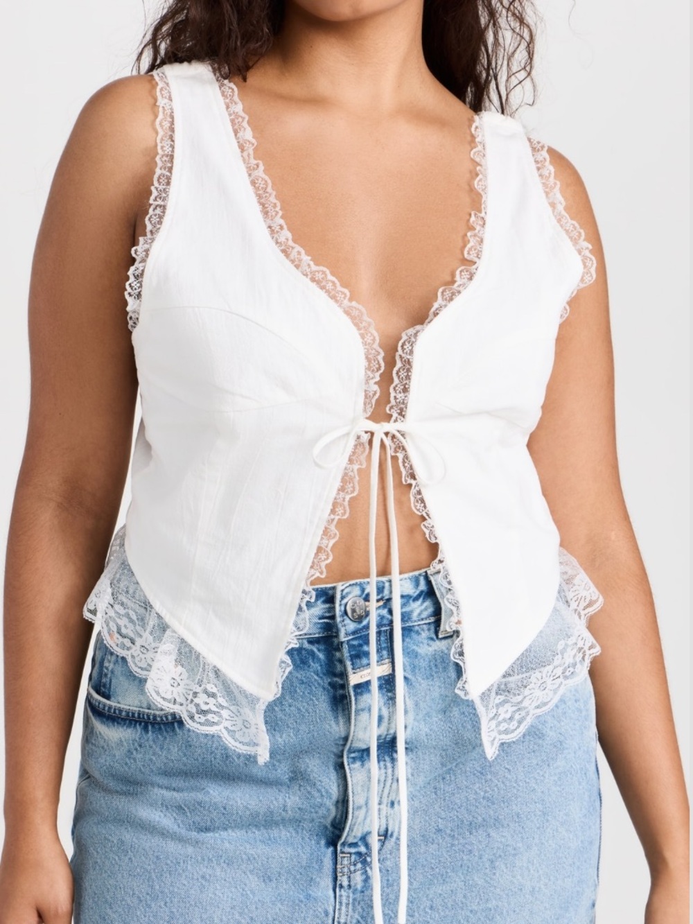 White Lace-Trim Tie-Front Tank Top